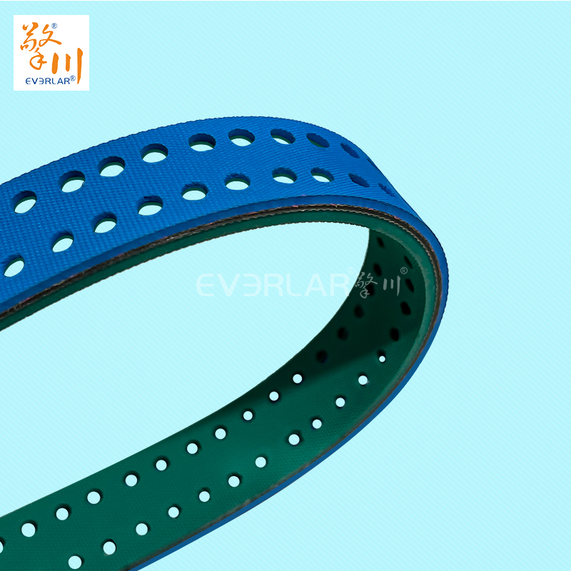 藍(lán)綠片基帶打孔耐磨防滑物流包裝行業(yè)分揀倉儲傳動平皮帶擎川定制